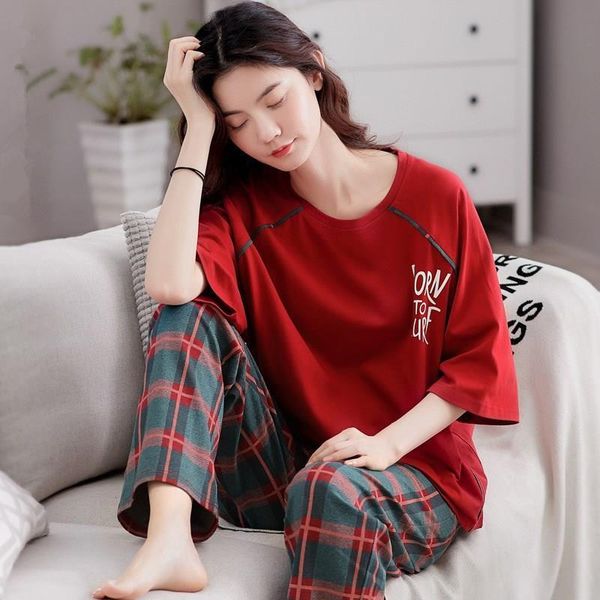 

young girl womens sleepwears sleepwear sets leisure clothes spring thin short sleeved women pajamas fashion printing pyjamas home, Black;red