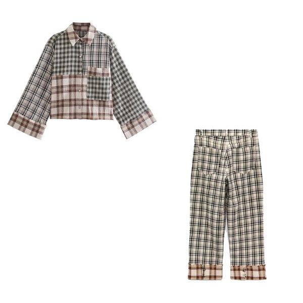 

women's two piece pants xikom autumn women vintage two-piece set slim plaid short shirt female streetwear high waist casual trousers, White