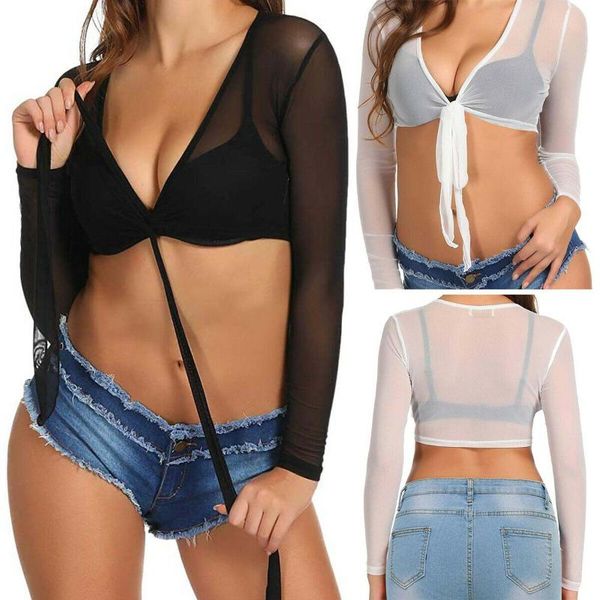

women's blouses & shirts women summer mesh see-through short shirt long sleeve solid crop ladies black white transparent