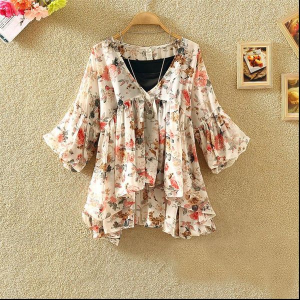 

women floral womens shirt print blouse casual v neck chiffon blouses lady lantern sleeve ruffles shirts irregular blusas plus, White