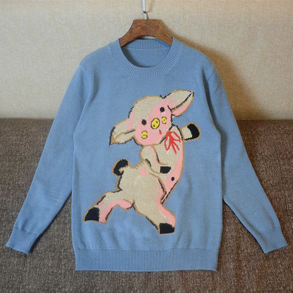 

women's sweaters runway designer cartoon pig jacquard knitted and pullovers winter thick warm girls knit jumpe sweater gvjc, White;black