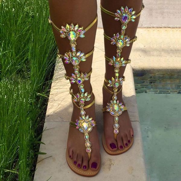 

boots sestito ladies summer flat bohemia style sandals female clip toe knee high woman bling crystal casual1, Black