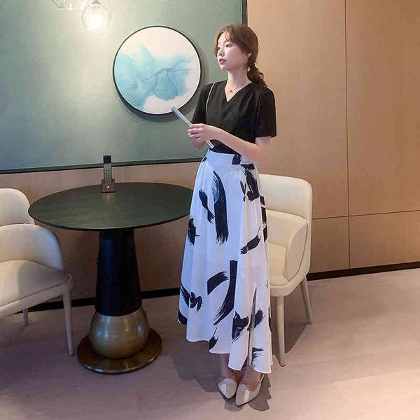 

woman two piece outfits short sleeve v-neck tees + high waist skirts two piece sets female office lady suits summer fashion 210515, White