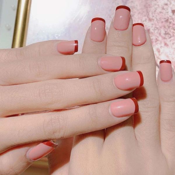 

false nails ins candy-colored french fresh pearl wearing nail stickers fake waterproof and detachable, Red;gold