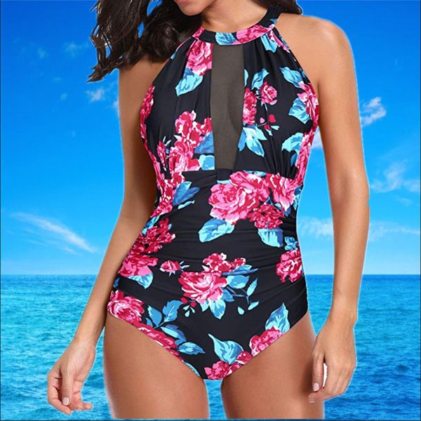 

women's mesh splicing digital printing one piece bikini swimsuit, White;black