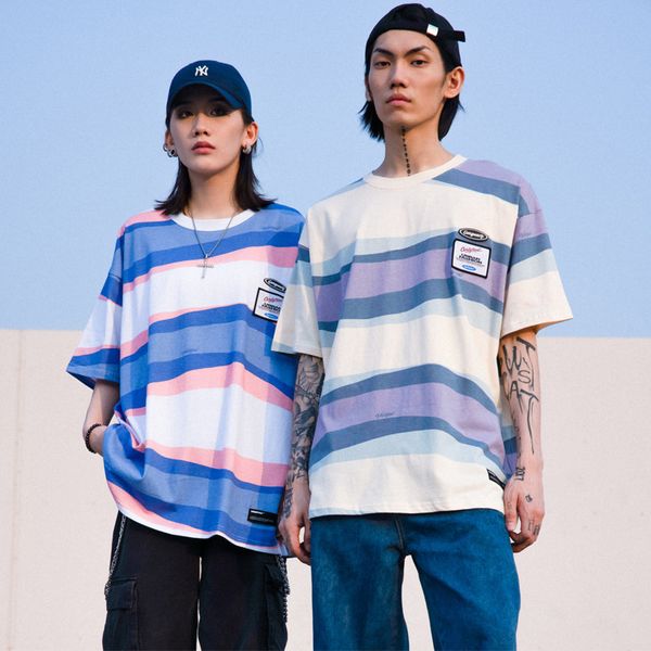 

vamtac 2021 new street style sea soul stripe color contrast printing fashion brand men's and women's loose short sleeves, White;black