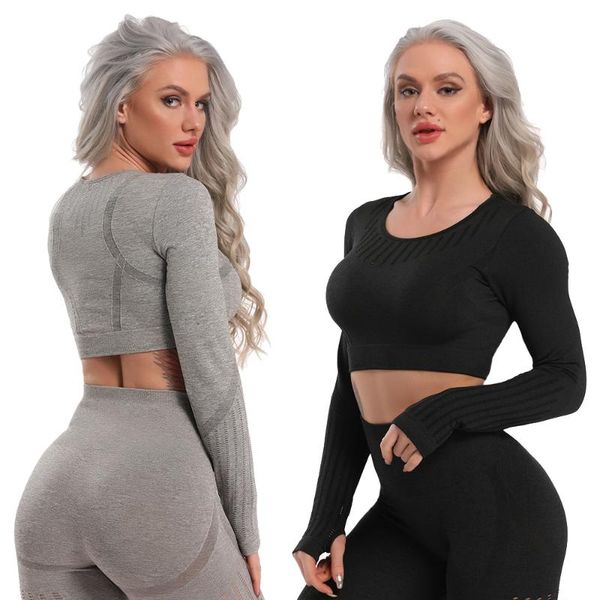 

yoga outfits seamless long sleeve workout for women fitness running shirts athletic gym crop woman sportswear short active, White;red