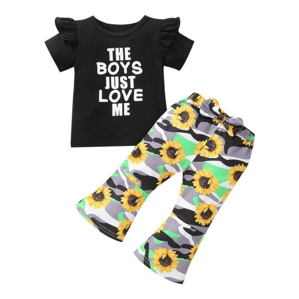 

clothing sets toddler kids baby girl letter ruffled sleeve t-shirt +sunflowers camouflage pants outfit summer clothes 1-6 years, White