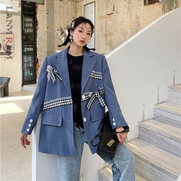 

women bule bow plaid big size blazer lapel long sleeve loose fit jacket fashion tide spring autumn 2f0169 210507, White;black