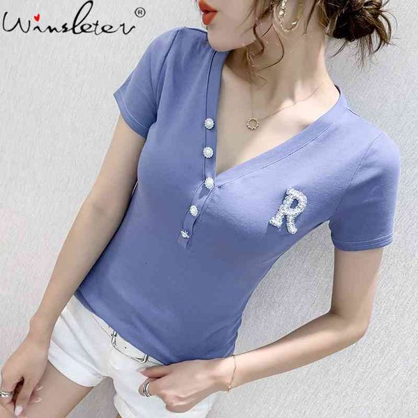 

women's t-shirt summer fashion european clothes t-shirt v-neck diamonds button cotton women ropa mujer bottoming shirt t, White