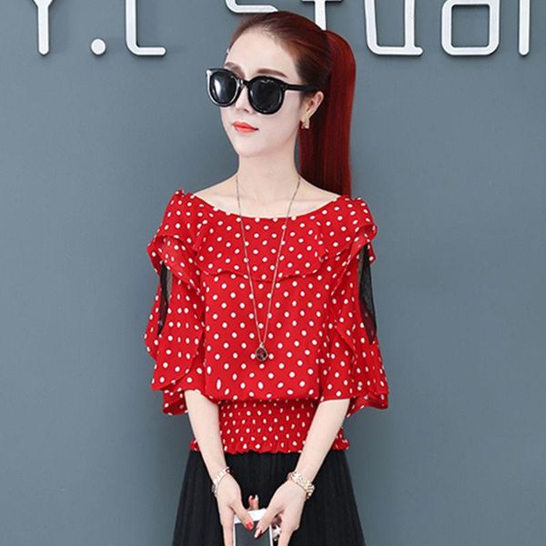 

women's spring summer style chiffon blouse shirt polka dot long sleeve ruffles o-neck elegant casual dd8404 blouses & shirts, White