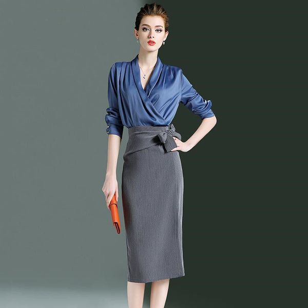 

women's tracksuits 2021 spring women elegant skirts suits female v-neck long sleeve shirts and pencil bodycon skirt two piece casual se, Gray
