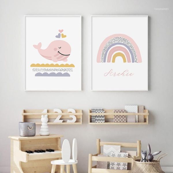 

pink rainbow custom name cute whale nursery wall art canvas painting prints pictures posters for kids girls room home decorative11