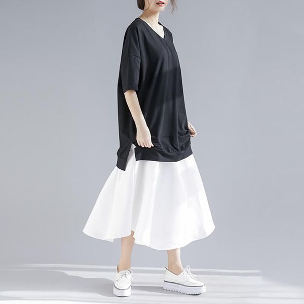 

casual dresses large size women's korean fashion fake two splicing mid-length solid color v-neck dress 2021 summer loose, Black;gray