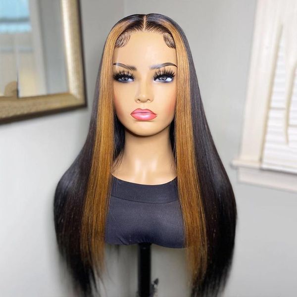 

13x6x1 straight wig ombre highlight 150% t part lace front human hair wigs for black women brazilian remy, Black;brown
