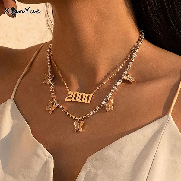 

pendant necklaces vintage claw chain drill butterfly letter korean double layer gold necklace women creative jewelry gift, Silver