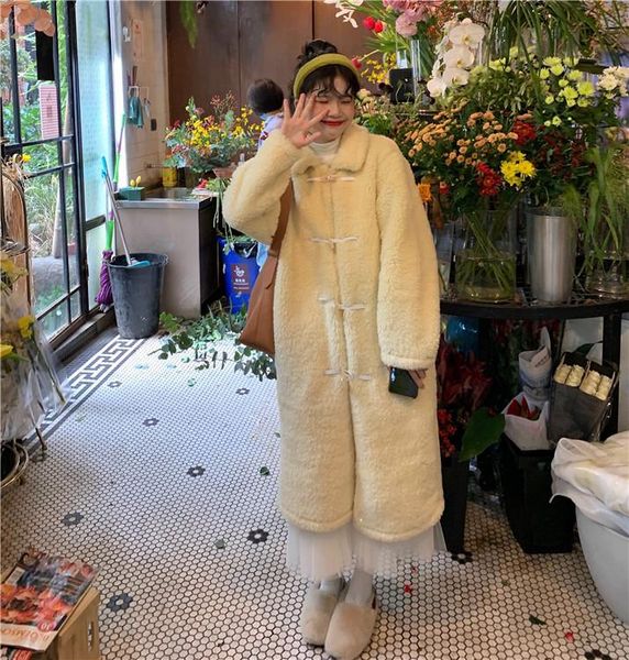 

women's wool & blends 2021 lamb hair horn buckle lapel woolen coat woman winter coats and jackets abrigos mujer invierno, Black