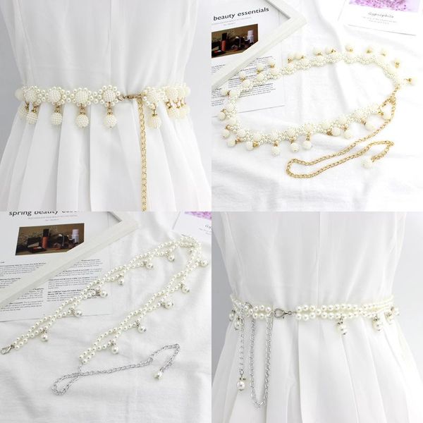 

belts fashion pearl waist belt chain women elegant beaded dress decorative for thin waistband ladies clothing accessories, Black;brown