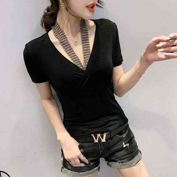 

women's t-shirt summer european clothes t-shirt fashion v-neck diamonds mesh halter women ropa mujer short sleeve tees t, White