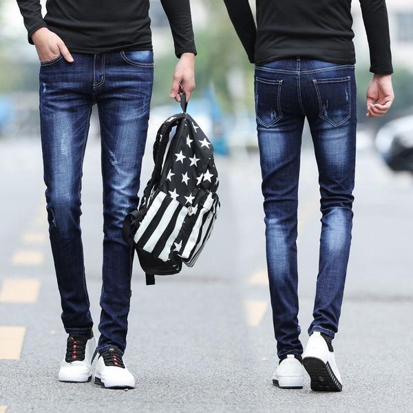 

men's jeans style straight slim blue scratches stretch pants korean casual young student long pants;