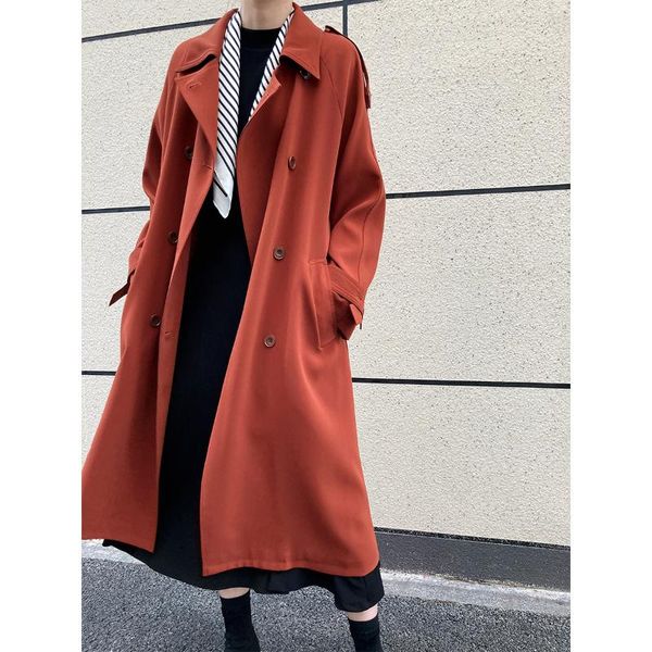 

women's trench coats autumn 2021 vertical british style loose medium length knee coat 9968, Tan;black