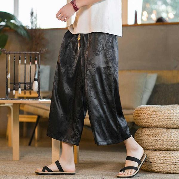 

men's pants ice silk wide leg like fabric retro chinese dragon print capris shorts beach summer, Black