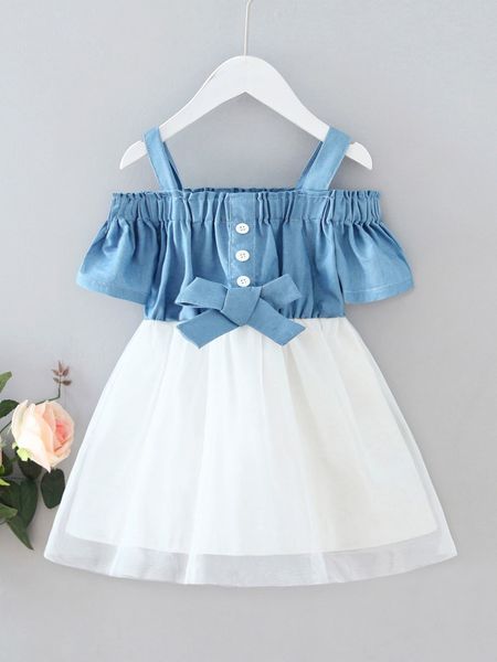 

toddler girls cold shoulder mesh hem dress she, Red;yellow