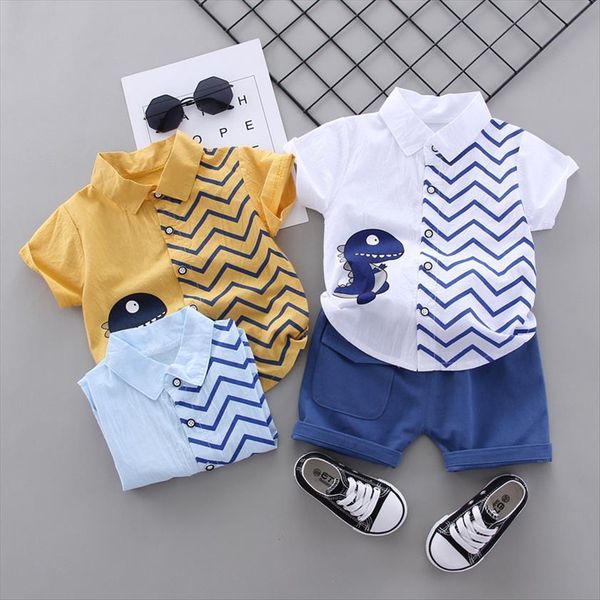

summer boys clothing suit short sleeve t shirt pants 2 piece cartoon striped dinosaur baby set for fashion, White