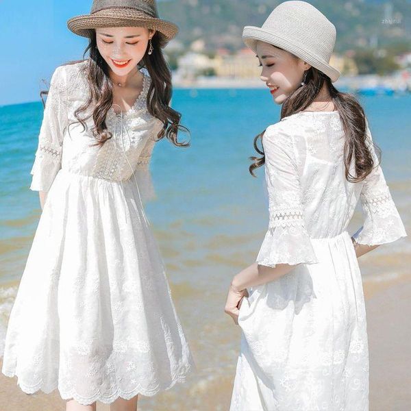 

white holiday long skirt beach summer 2021 trumpet sleeve lace up fairy dress chiffon two piece