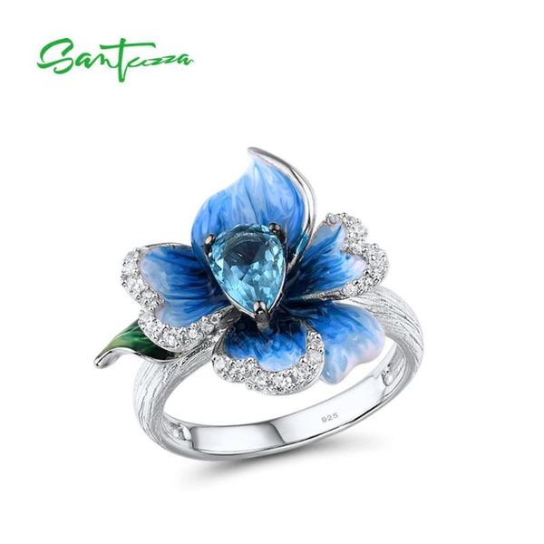 

cluster rings santuzza silver for women genuine 925 sterling delicate blue orchid flower trendy fine jewelry handmade enamel, Golden;silver