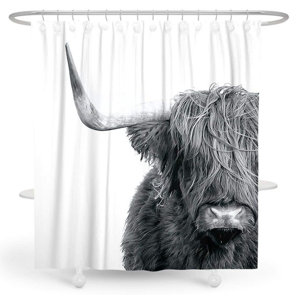 

highland cow shower curtain bull portrait cattle animalinch wildlife grassland funny grey and white waterproof polyester fabric