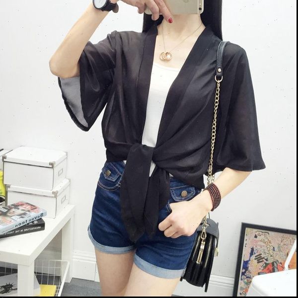 

chiffon kimono cardigan casual half women shirts sleeve loose black plus size summer outerwear, White