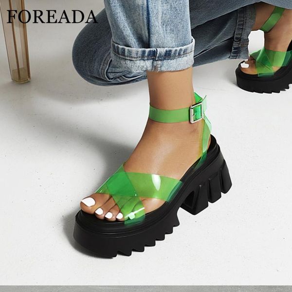 

sandals foreada women gothic shoes platform round toe block high heels narrow band ankle strap ladies footwear summer 43, Black