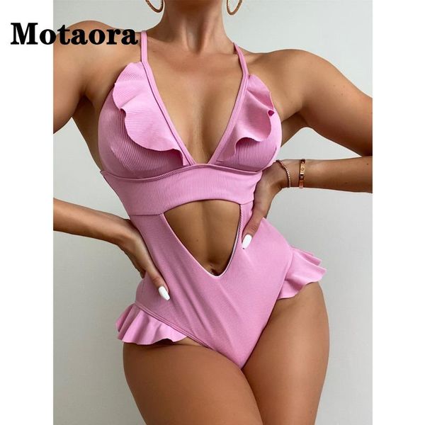 

one-piece suits ruffle edge bathing suit halter brazilian tankini hollow out swimsuit one piece bikini solid pink color swimwear women