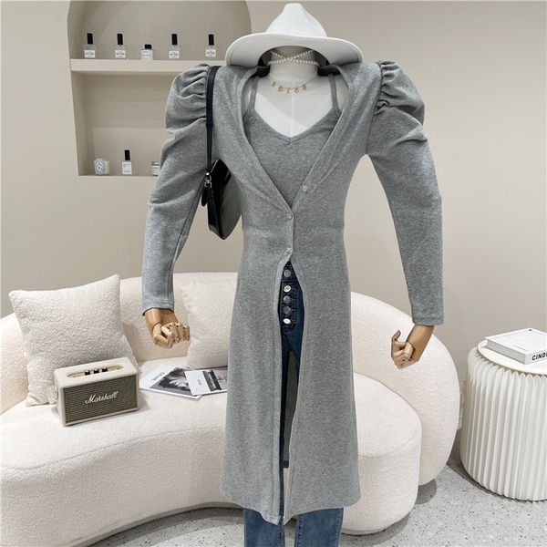 

spring summer fashion niche design super on the knee puff manga cardigan + v-neck suspend vest, Black