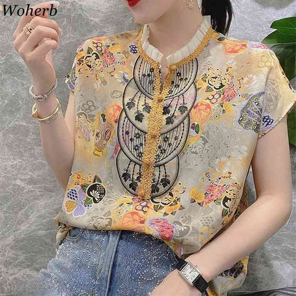 

vintage blusas mujer print chiffon shirt summer loose stand neck short sleeve blouses korean chic temperament blouse 210519, White