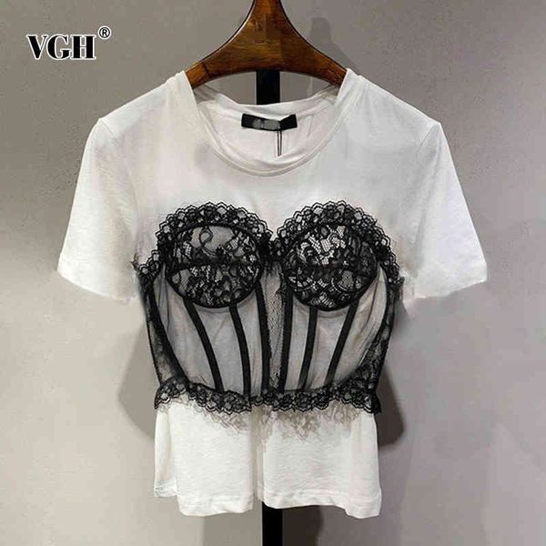 

vgh casual patchwork mesh lace t shirt for women o neck short sleeve elegant korean t shirts female fashion new clothing 210421, White