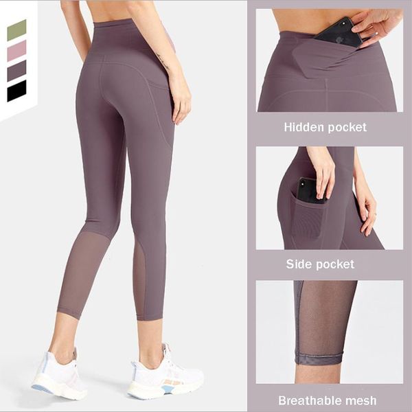 

high waist yoga pants women breathable sports leggings mesh design running tight elastic portable pocket gym outfits, White;red