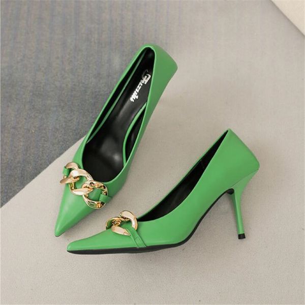 

sandals 2021 fashion pointed toe thin high heels shoes women elegant pumps for party dress shoe metal chain decoration zapatillas, Black