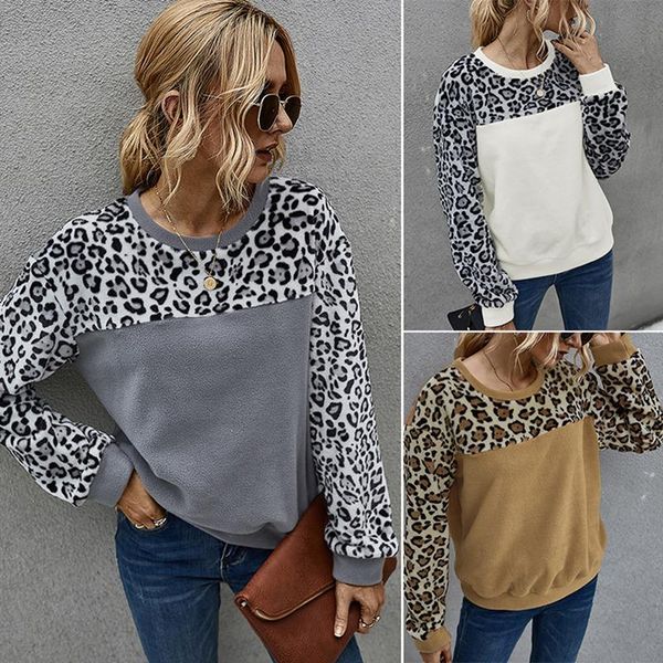 

women's hoodies & sweatshirts leopard color block fleece sweatshirt women autumn winter round neck long sleeve pullover, Black