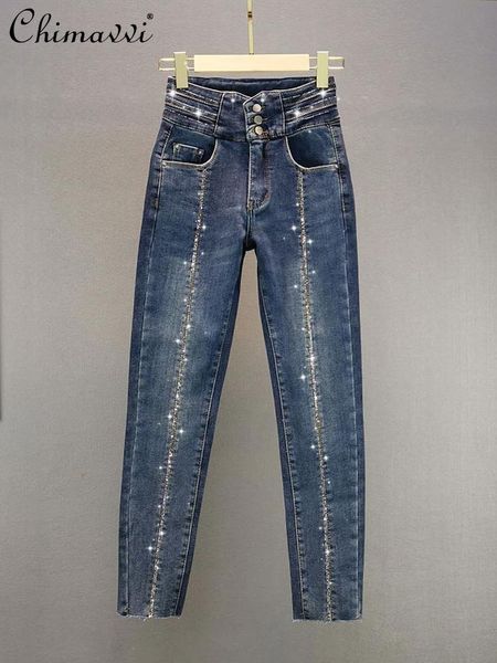 

rhinestones and velvet black high-waisted jeans women spring self-cultivation thin all-match elastic pencil pants women's, Blue