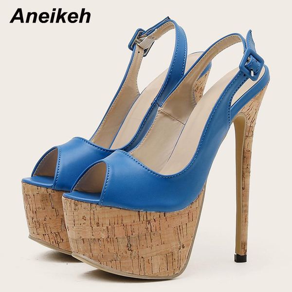 

sandals aneikeh goddess pu platform heigh sandalias peep toe wood grain women high thin heels shoes summer 2021 buckle strap, Black