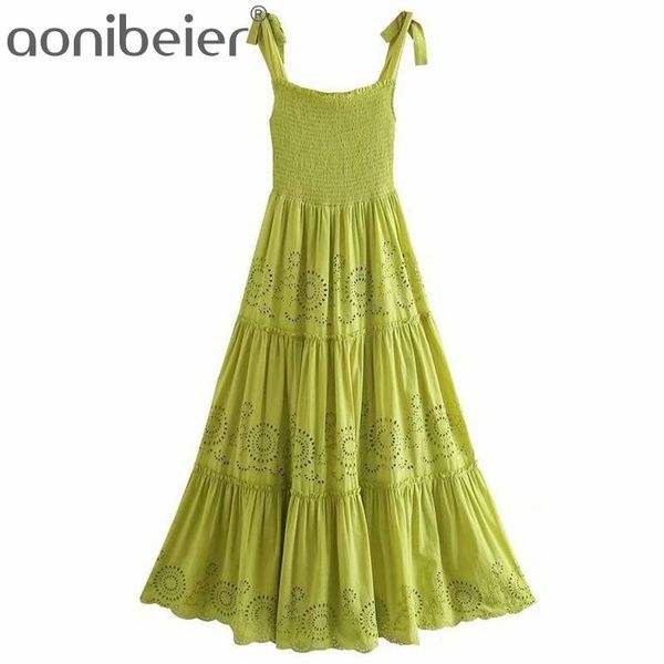 

fruit green long maxi dress summer tie shoulder shirred body embroidery hollow out women ankle length cami 210604, Black;gray