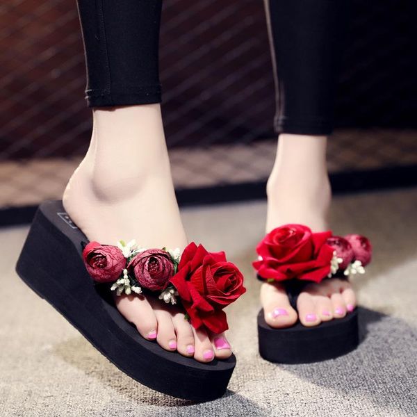 

large flip-flops women summer non-slip handmade flower beach shoes fashion wedge heel thick soles cute slippers, Black