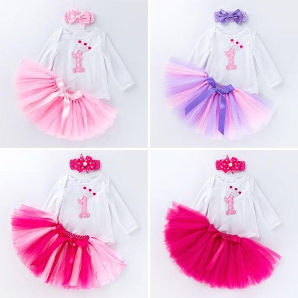 

3pcs outfit set baby girls long sleeve one year old birthday lace tutu bodysuit skirt with headband 1 girl clothes, Red;yellow