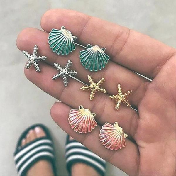

stud 4 pairs/pack brincos mixed shell starfish bohemian earrings set for women crystal ear studs fashion jewelry gifts, Golden;silver