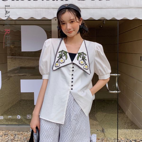 

women t-shirt embroidery bubble sleeve short floral v-neck fashion tide summer 2h148 210507, White