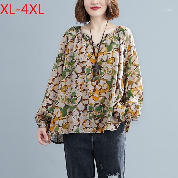 

spring summer plus size women blouse linen floral print retro casual shirts full loose chiffon shirt s3172 women's blouses &, White