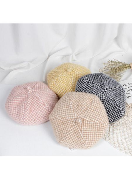 

caps & hats kids winter beanie hat, french style furry plaid beret cap for little girls, 3-6 years, 4 colors, Yellow
