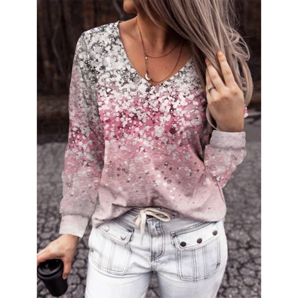 

New women's printed V-neck long-sleeved t-shirt for women, White